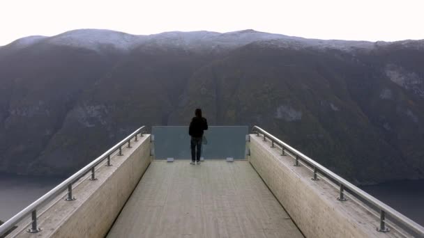 Turista Mira Desde Mirador Noruega — Vídeo de stock