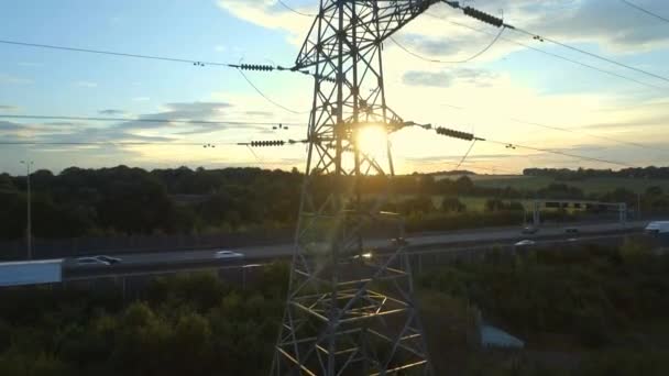 Aerial View Electricity Pylon Evening — Stock Video