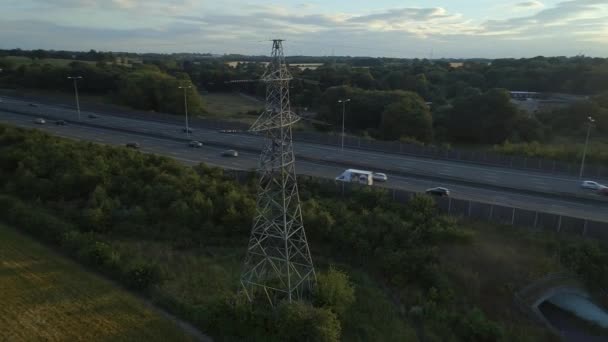 Aerial View Electricity Pylon Motorway — Stock Video