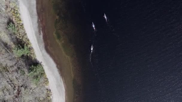 Bird Eye View Canoeists Lake — стоковое видео