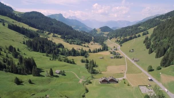 Vista Aérea Valle Suiza Con Chalets Paisaje Montañoso — Vídeos de Stock