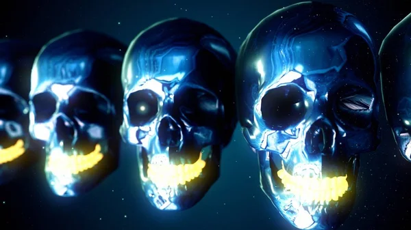 Abstract metal skulls on blue backgtound. 3D rendering