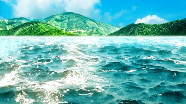 ocean waves with green mountains on the background.