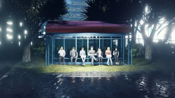 Young people waiting for the bus at the bus stop. Stylish business people are waiting for public transport while sitting at the modern bus stop in the evening. 3D Rendering