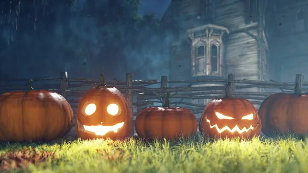Halloween background animation with the concept of creepy glowing pumpkins and old creepy mansion. 3D Rendering