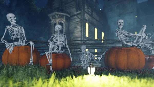 Halloween background animation with the concept of creepy skeletons and old creepy mansion. 3D Rendering