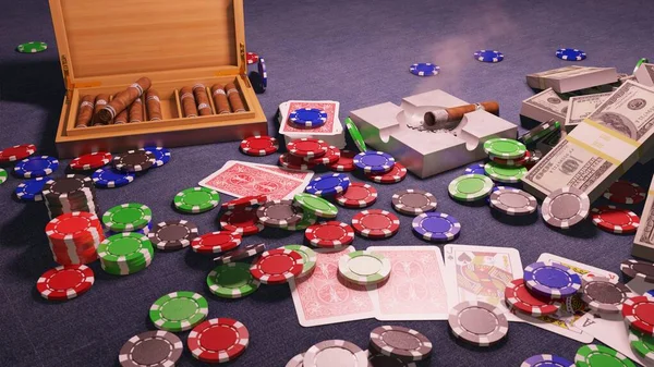 The fall of casino chips on the poker table in the casino. A gentlemans set, a Smoking cigar, cards, chips and wads of money. Casino concept. 3D Rendering