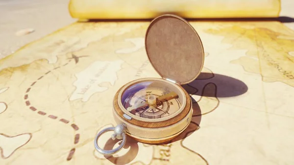 Pirate compass on the Treasure Map lying on the sand on the island of pirates. Vintage beautiful pirate compass lying on an old pirate treasure map. 3D Rendering