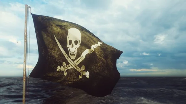 Pirate flag with Jolly Roger. Pirate flag in the wind with cloudy sky on the background of the sea before the storm. 3D Rendering