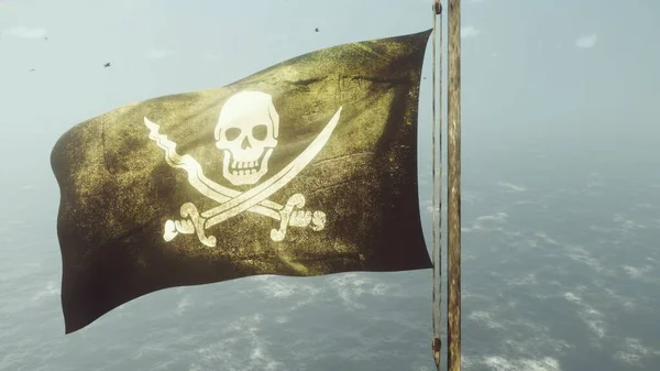 Pirate flag with Jolly Roger. Pirate flag in the wind with cloudy sky on the background of the sea before the storm. 3D Rendering