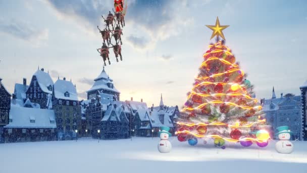 Karácsonyfa színes színes golyókkal. Télapó egy szánon karácsonyi rénszarvasokkal. Hóemberek, karácsonyi és újévi dekorációk és ajándékok. Egy kisváros az ünnepre várva..
