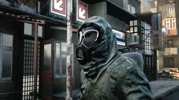 A stray man in military protective clothing and a gas mask is walking through the ruined city. The concept of a post-Apocalyptic world after a nuclear war. — Stock Footage A stray man in military protective clothing and a gas mask is walking through the ruined city. The concept of a post-Apocalyptic world after a nuclear war. Royalty Free Stock Footage