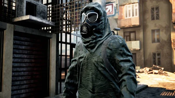 A stray man in military protective clothing and a gas mask is walking through the ruined city. The concept of a post-Apocalyptic world after a nuclear war. 3D Rendering