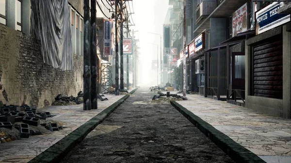 A deserted post-apocalyptic city. The camera flies through the empty ruined city. Deserted post-apocalyptic street in the ruins of buildings. The Concept of The Apocalypse. 3D Rendering