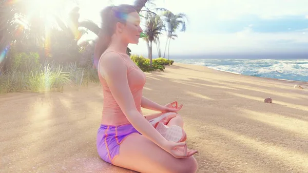 Beautiful young woman performing a spiritual yoga pose on the ocean shore at sunrise. A woman in the Lotus position is sitting on the beach. 3D Rendering