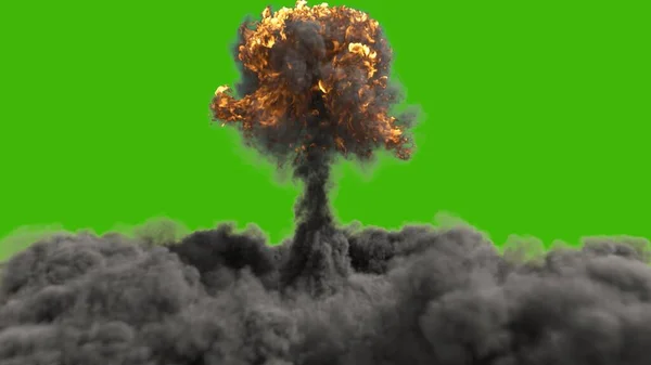 The explosion of a nuclear bomb. Realistic 3D of atomic bomb explosion with fire, smoke and mushroom cloud in front of a green screen. 3D Rendering