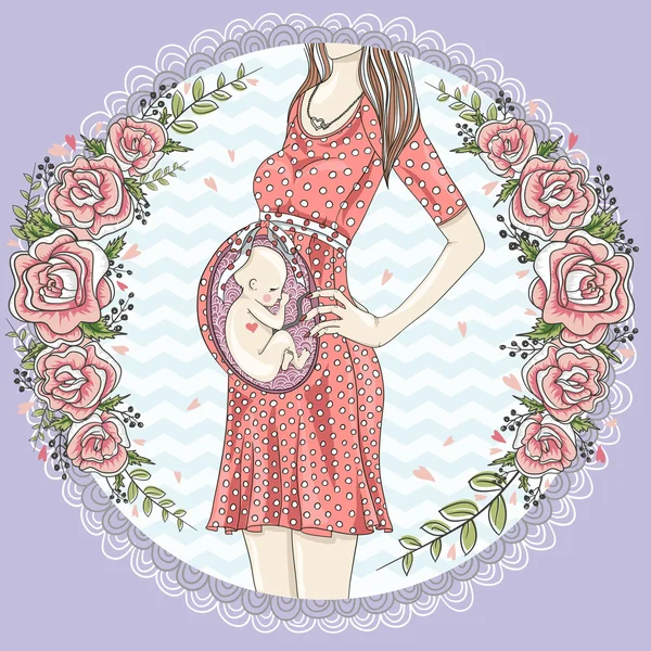 Zwangere vrouw met schattige baby en bloem frame. — Stockvector