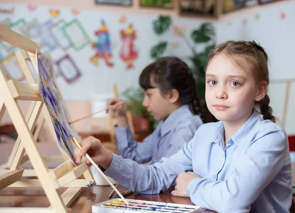 Two Girls Art School Draw Pictures Stock Photo