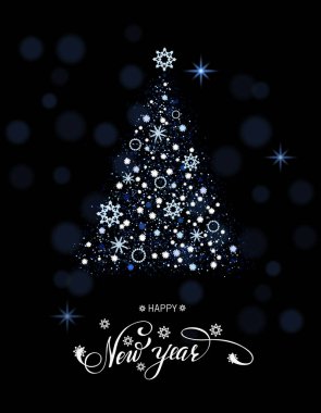 Noel kartı ağaç ve topları yazı ile. Vektör çizim Eps 10.