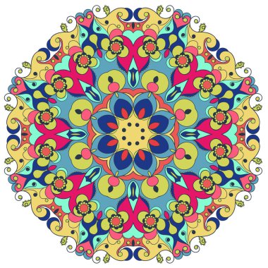 Dekoratif baskı veya web tasarımı için süslü mandala yuvarlak. Mandala renkli arka plan. Kartı, ulusal tasarım düğün, davet. Vektör çizim Eps 10