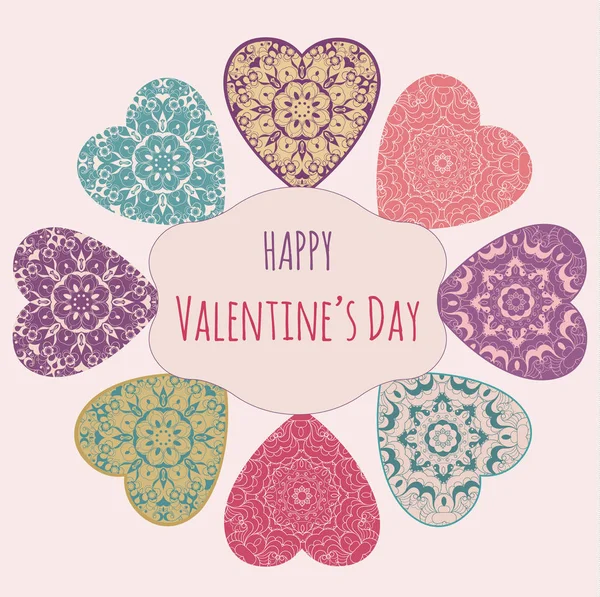 Tarjeta de felicitación de San Valentín decorativa con corazones florales adornados. Ilustración vectorial EPS 10 . — Vector de stock