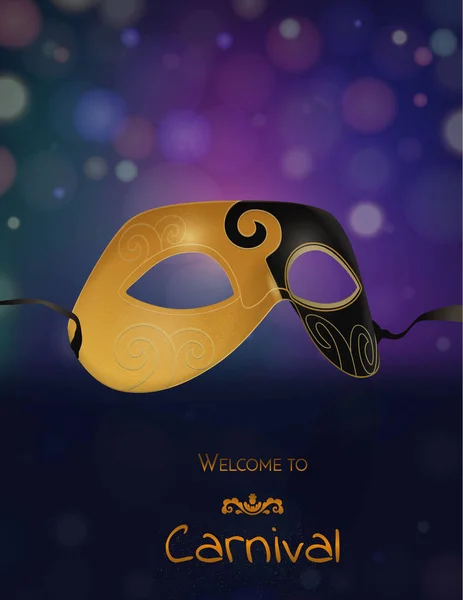 Vector gold carnival mask with shiny texture. Invitation card, welcome to carnival. — Stock Vector