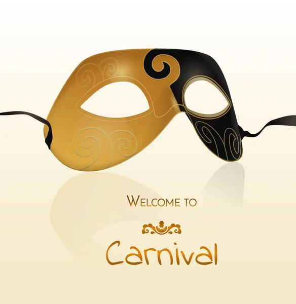 Vectormasker gouden carnaval met glanzende textuur. Uitnodiging kaart, welkom aan carnaval. — Stockvector