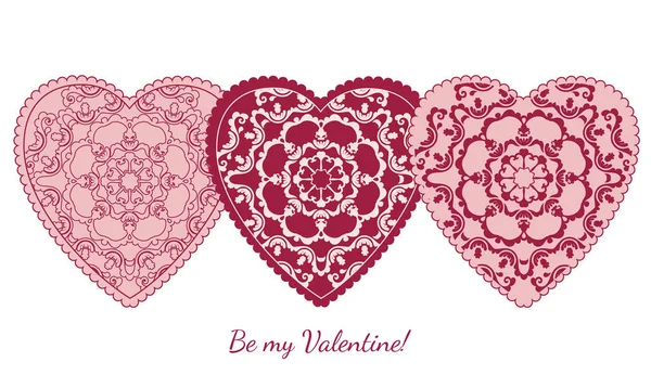 Διακοσμητικά Valentine ευχετήρια κάρτα με floral περίτεχνα καρδιές. Εικονογράφηση διάνυσμα Eps 10. — Διανυσματικό Αρχείο