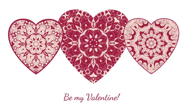 Διακοσμητικά Valentine ευχετήρια κάρτα με floral περίτεχνα καρδιές. Εικονογράφηση διάνυσμα Eps 10. — Διανυσματικό Αρχείο