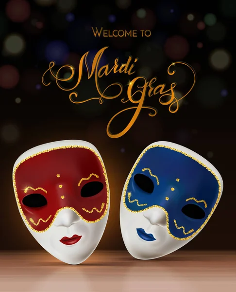Καρναβάλι μάσκα διανύσματος με γράμματα. Πρόσκληση στο καρναβάλι με πολύχρωμο λαμπερό φόντο. Εικονογράφηση διάνυσμα Eps 10. — Διανυσματικό Αρχείο