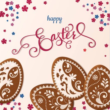 Yazı, yumurta şeklinde Gingerbread mutlu paskalyalar. Bahar tatili, Paskalya arka plan. Vektör çizim Eps10.