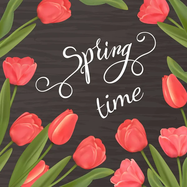Tulpen glänzenden Hintergrund und Frühling Schriftzug. Vektorabbildung eps10 — Stockvektor