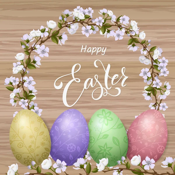 Feliz Páscoa lettering, ovos coloridos pintados. Férias de primavera, fundo de Páscoa, árvore de flor. Ilustração vetorial EPS10 . — Vetor de Stock