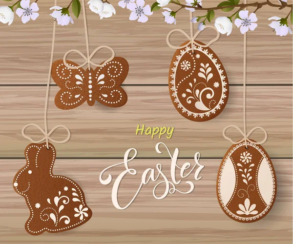 Happy Easter lettering, Gingerbread in the form of eggs. Spring holidays, Easter background. Vector illustration EPS10. — Stock Vector