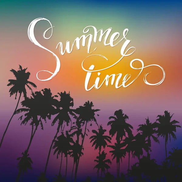 Summer lettering. Tropical palm leaves background. Vector illustration EPS10. — Stock Vector