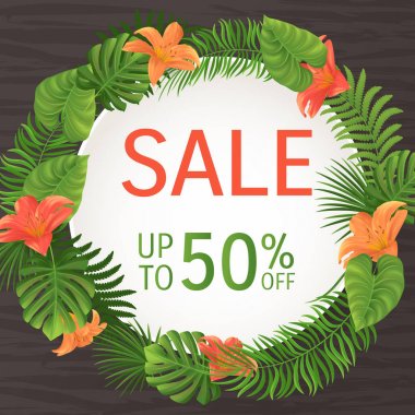 Yaz Satılık, yaz aylarında yazı. Tropikal palmiye yaprakları ve arka plan çiçekler. Vektör çizim Eps10.