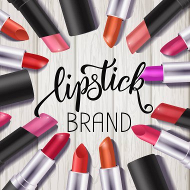 Makyaj renkli ruj hazır, katalog şablonu. Çizilmiş yazı, kozmetik arka plan ver. Vektör çizim Eps 10.