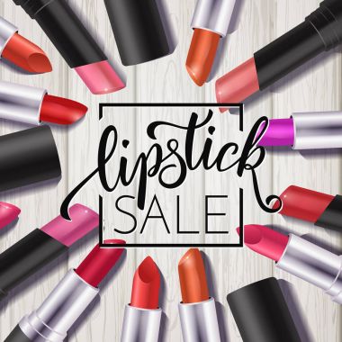 Makyaj renkli ruj hazır, katalog şablonu. Çizilmiş yazı, kozmetik arka plan ver. Vektör çizim Eps 10.