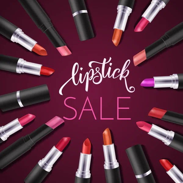 Makyaj renkli ruj hazır, katalog şablonu. Çizilmiş yazı, kozmetik arka plan ver. Vektör çizim Eps 10.