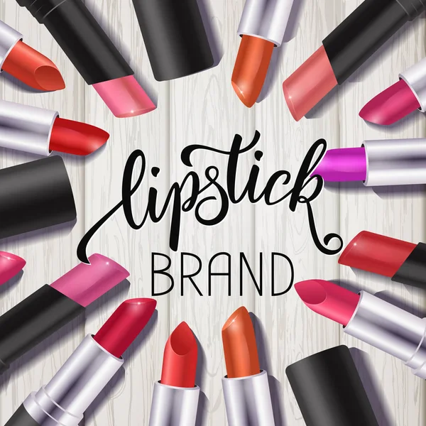 Makyaj renkli ruj hazır, katalog şablonu. Çizilmiş yazı, kozmetik arka plan ver. Vektör çizim Eps 10.