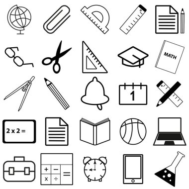 Siyah, beyaz ve renkli okul web simgeler kümesi