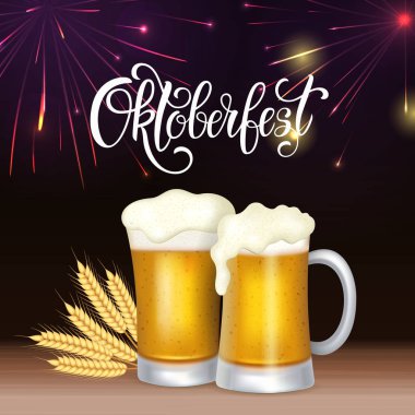 Oktoberfest yazı, bir bardak bira. Sonbahar tatil. Vektör çizim Eps10.