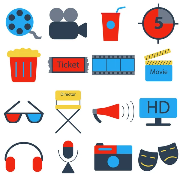 Set of colorful and white flat movie icons — Stock Vector