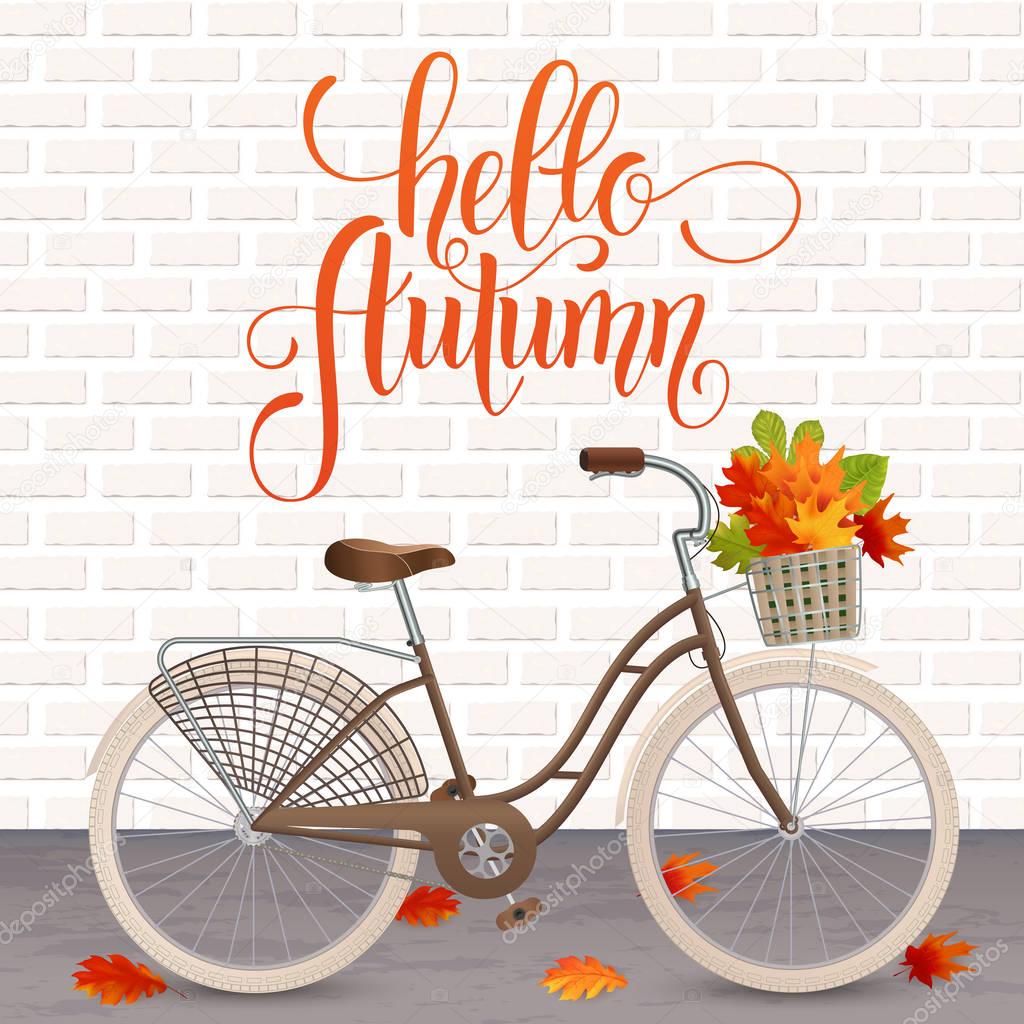 Autumn hand drawn lettering. Retro bicycle with basket of leaves. Healthy lifestyle, fitness. Vector illustration EPS10.
