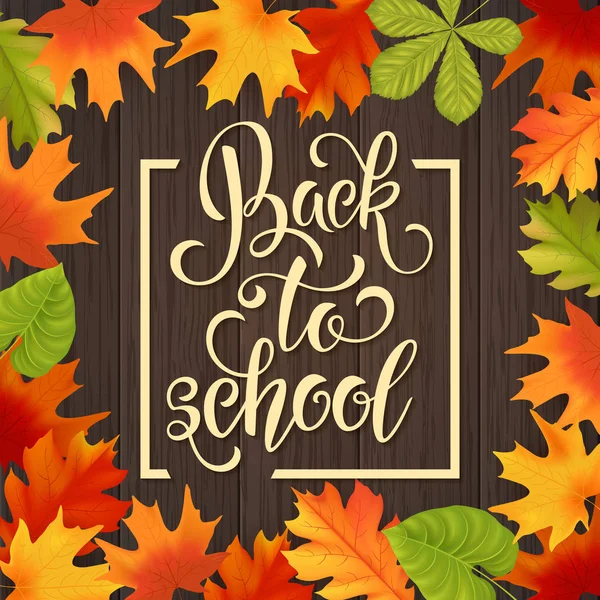 Back to school hand drawn lettering. Autumn leaves background. Knowledge Day. Vector Illustration EPS10 — Stock Vector