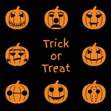 Cadılar Bayramı nesneleri, kabak ve yazı kümesi. Parti ve satış için tebrik kartı. Vektör çizim Eps10.