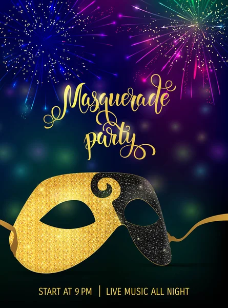 Gouden carnaval masker met glanzende textuur. Carnaval hand getekende letters. Uitnodiging kaartsjabloon. Vectorillustratie Eps10. — Stockvector