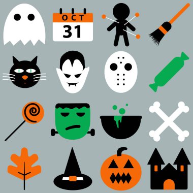 Cadılar Bayramı nesneleri, kabak ve yazı kümesi. Parti ve satış için tebrik kartı. Vektör çizim Eps10.