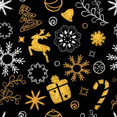 Noel elle çizilmiş yazı. Noel ağacı süsle, kar taneleri, hediyeler. Altın glitter doku. Kış tatili. Vektör çizim Eps10.