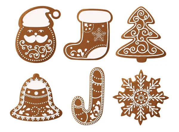 Conjunto de biscoitos de gengibre de Natal decorados. Árvore de Natal, flocos de neve, presentes. Férias de inverno. Ilustração vetorial EPS10 . —  Vetores de Stock